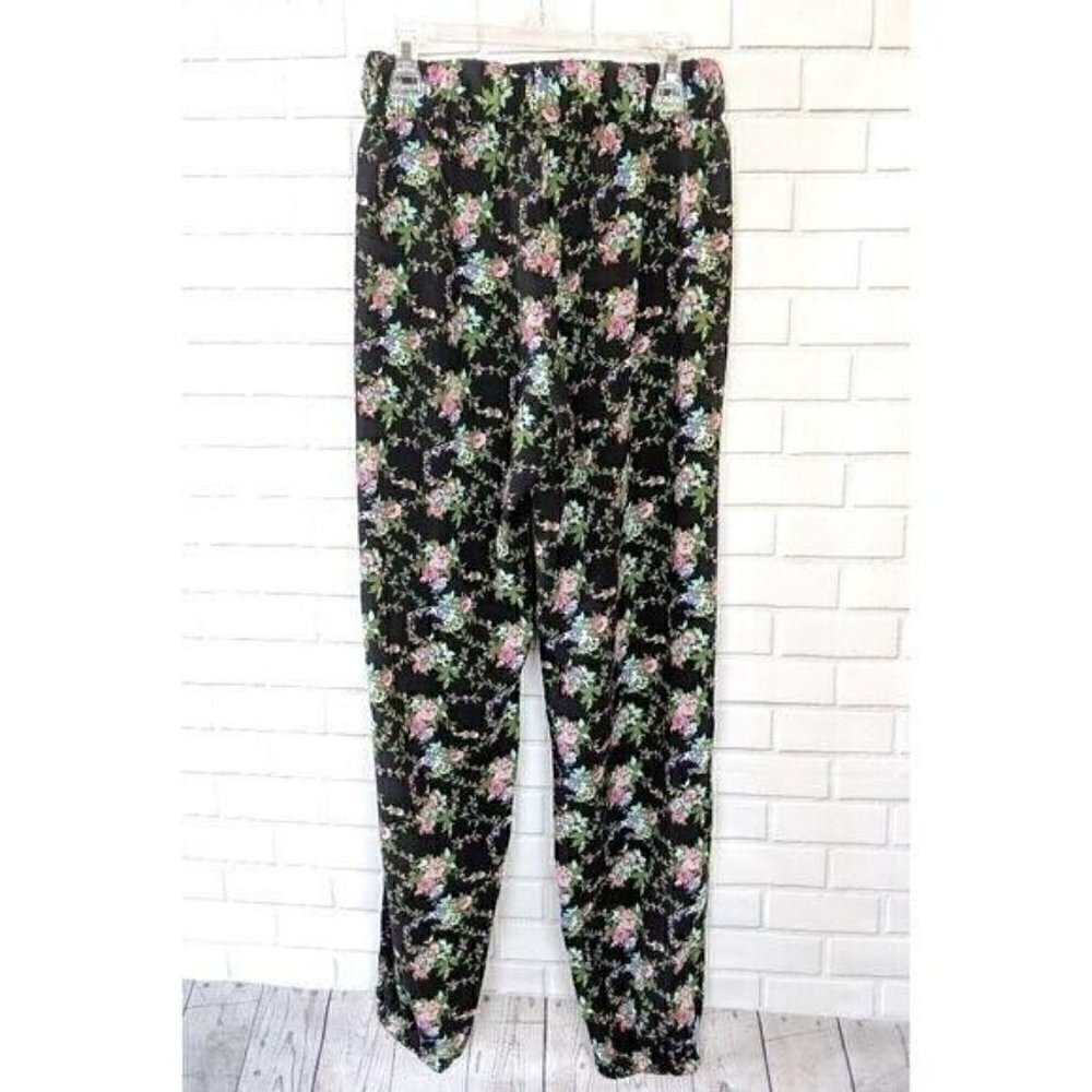 Ambiance Apparel Black High Rise Rose Flower Floral Cottage Joggers Women Small